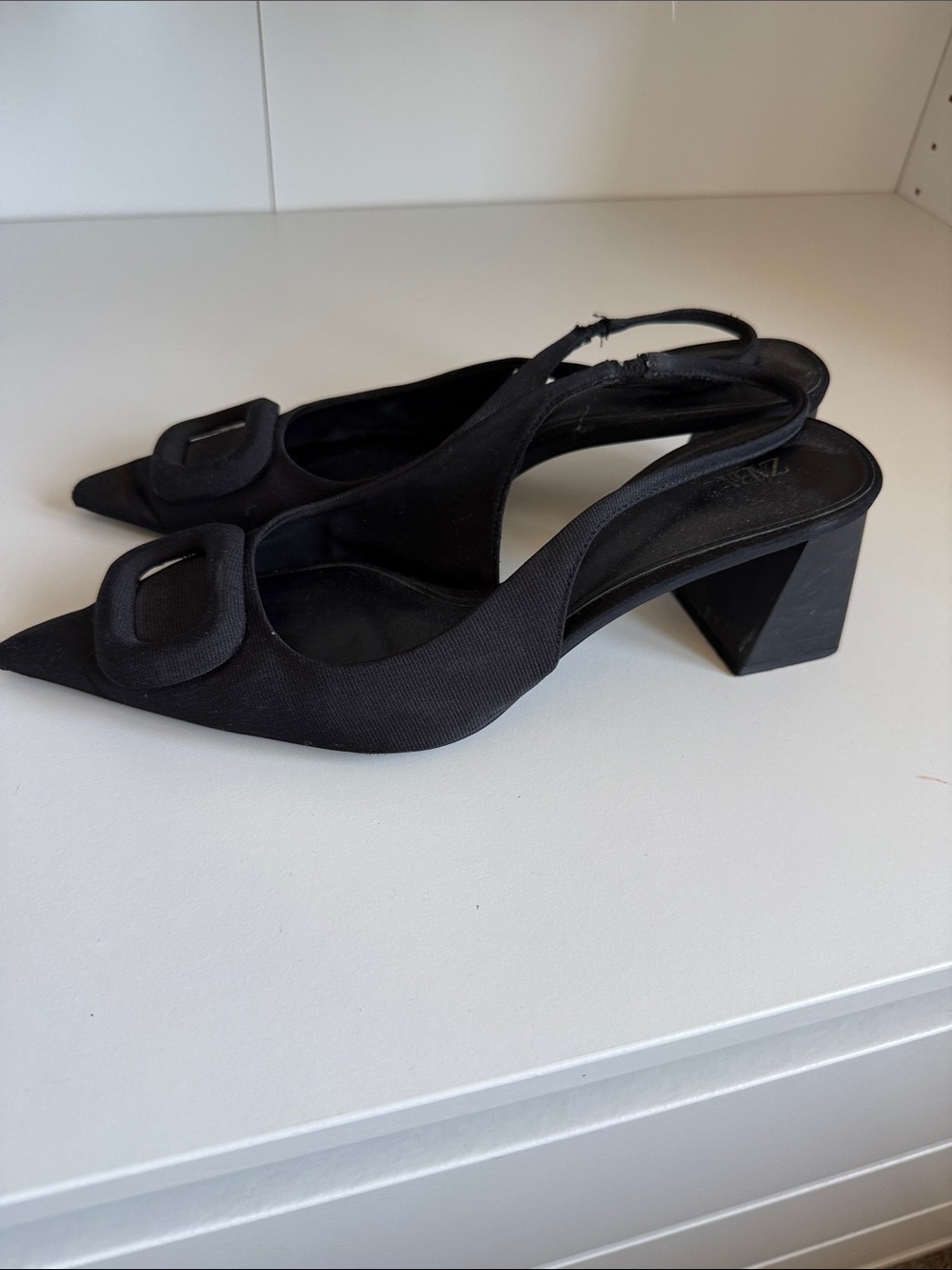 Zara Black Pointed Slingback Heels with Square Detail - Picture 2 of 4